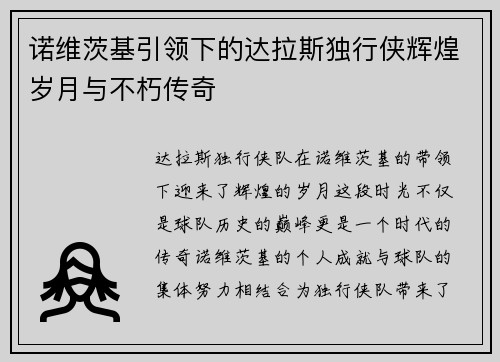 诺维茨基引领下的达拉斯独行侠辉煌岁月与不朽传奇