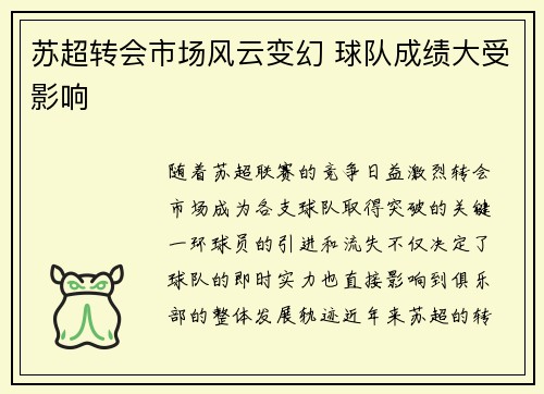 苏超转会市场风云变幻 球队成绩大受影响